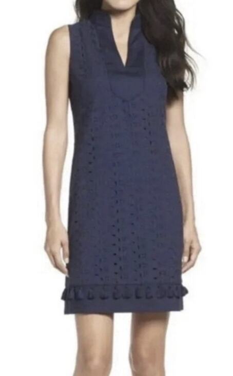 Eliza J Dresses & Skirts - Eliza J 12 Navy Blue Eyelet Tassel Shift Split Mandarin vacation luxury resort